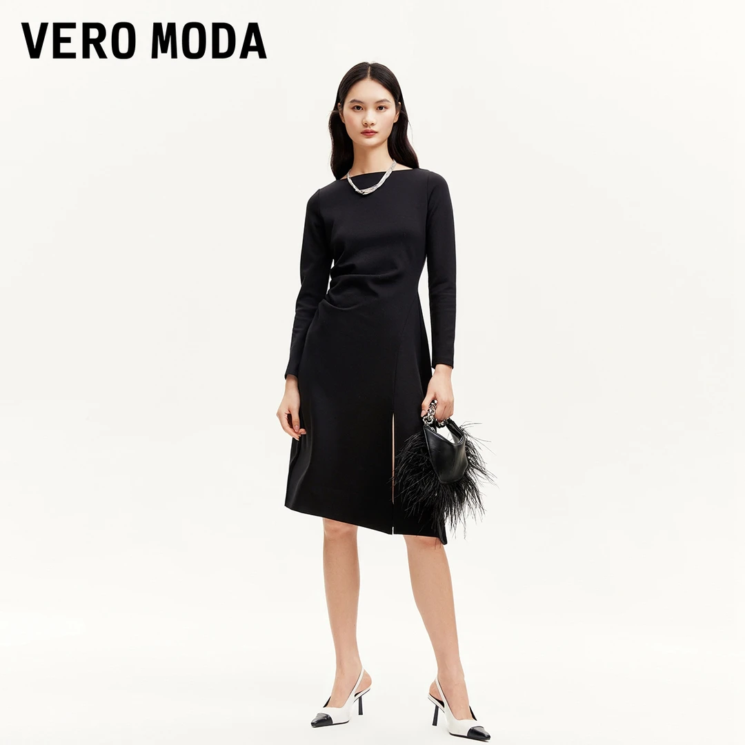 Vero Moda连衣裙女圆领显瘦打褶修身小黑裙时尚流光风324361019