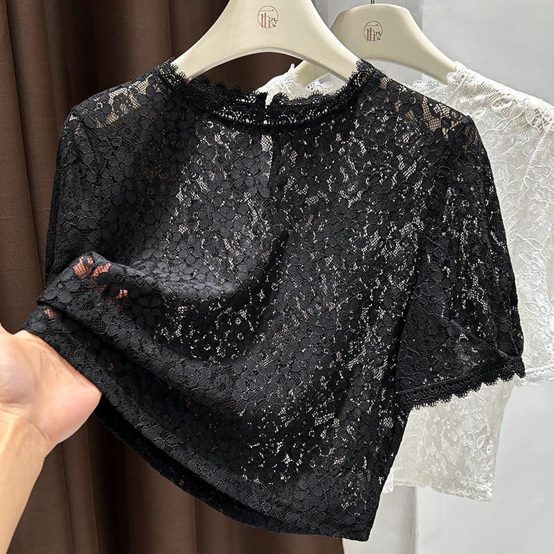 超短款圆领蕾丝打底衫爆款2025新款夏季镂空洋气小衫网纱短袖上衣