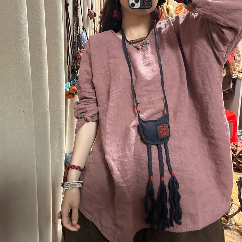 妞妞 新款亚麻炒色中长款盘扣手工明线小衫（胸围140衣长75）