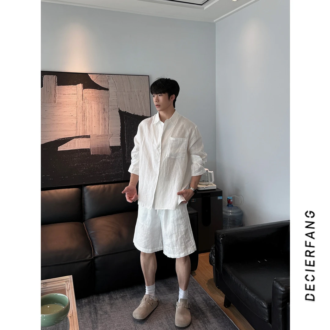 【100%亚麻套装】夏季松弛感老钱风慵懒休闲亚麻长袖衬衫套装宽松男