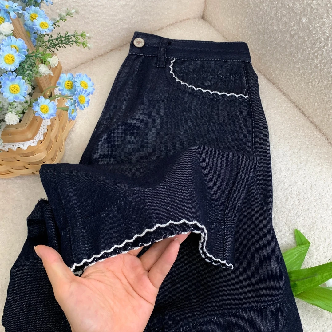 天丝凉感牛仔裤女夏薄款大码小个子显瘦高腰垂感九分阔腿裤9822