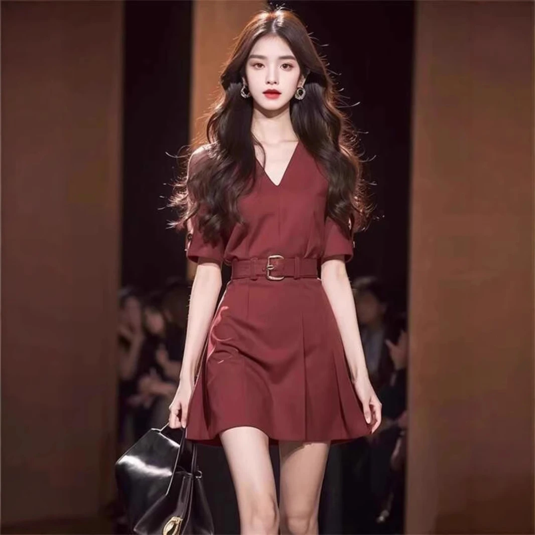 法式高端精致正式场合超好看酒红色V领西装连衣裙女夏季新款