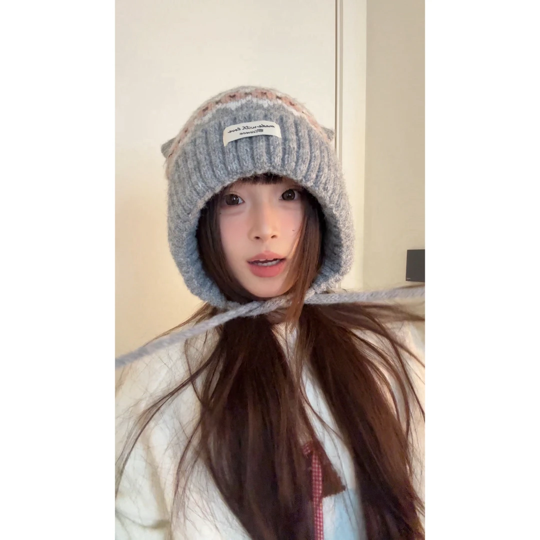 [送耳包]费尔岛风可爱猫耳朵针织护耳帽女秋冬加厚保暖显脸小毛