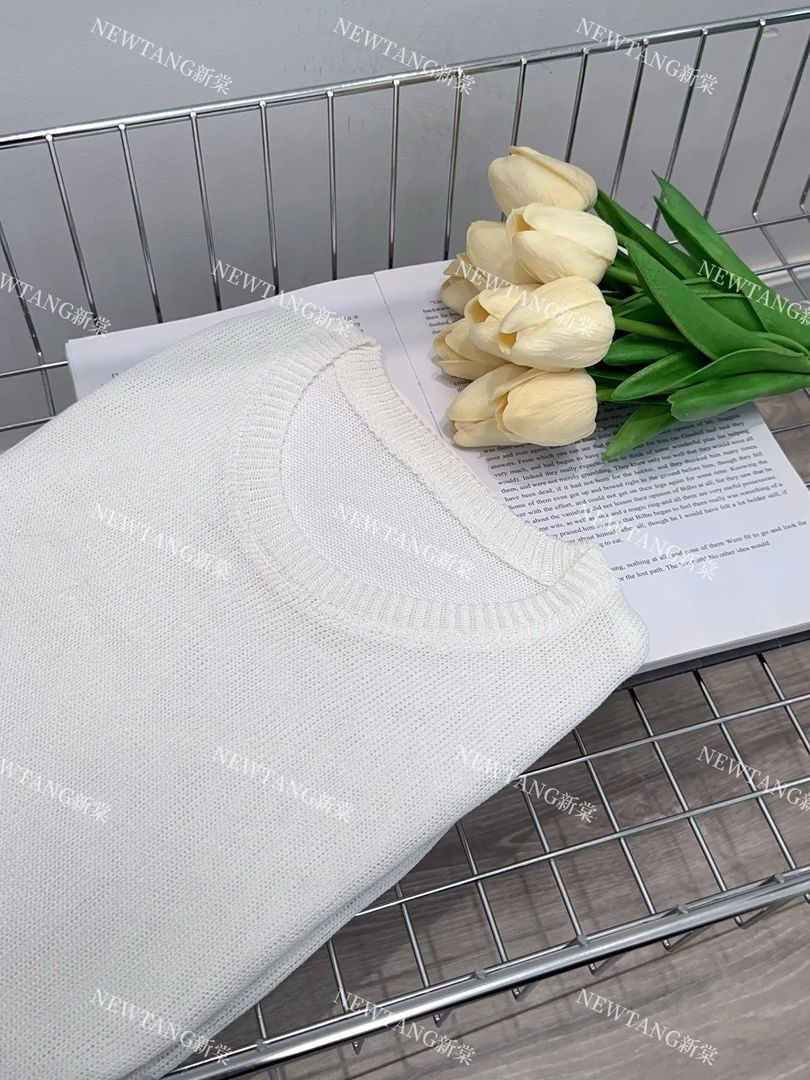 【纯色短袖】141圆领微镂空领口针织衫短袖T恤上衣女  白