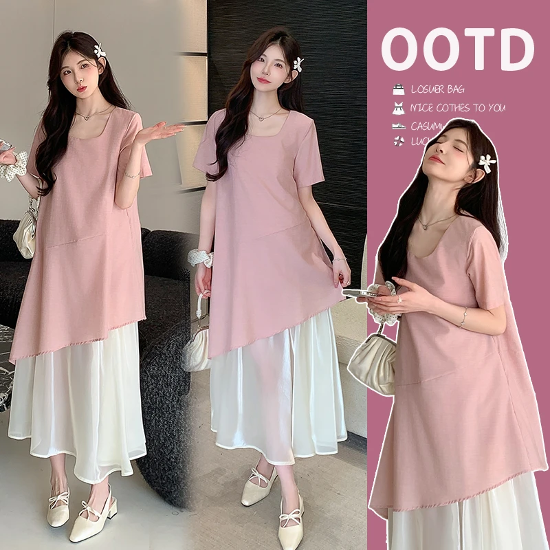 孕妇装夏装连衣裙2025新款孕妈高级穿搭短袖裙子孕期法式时尚套装