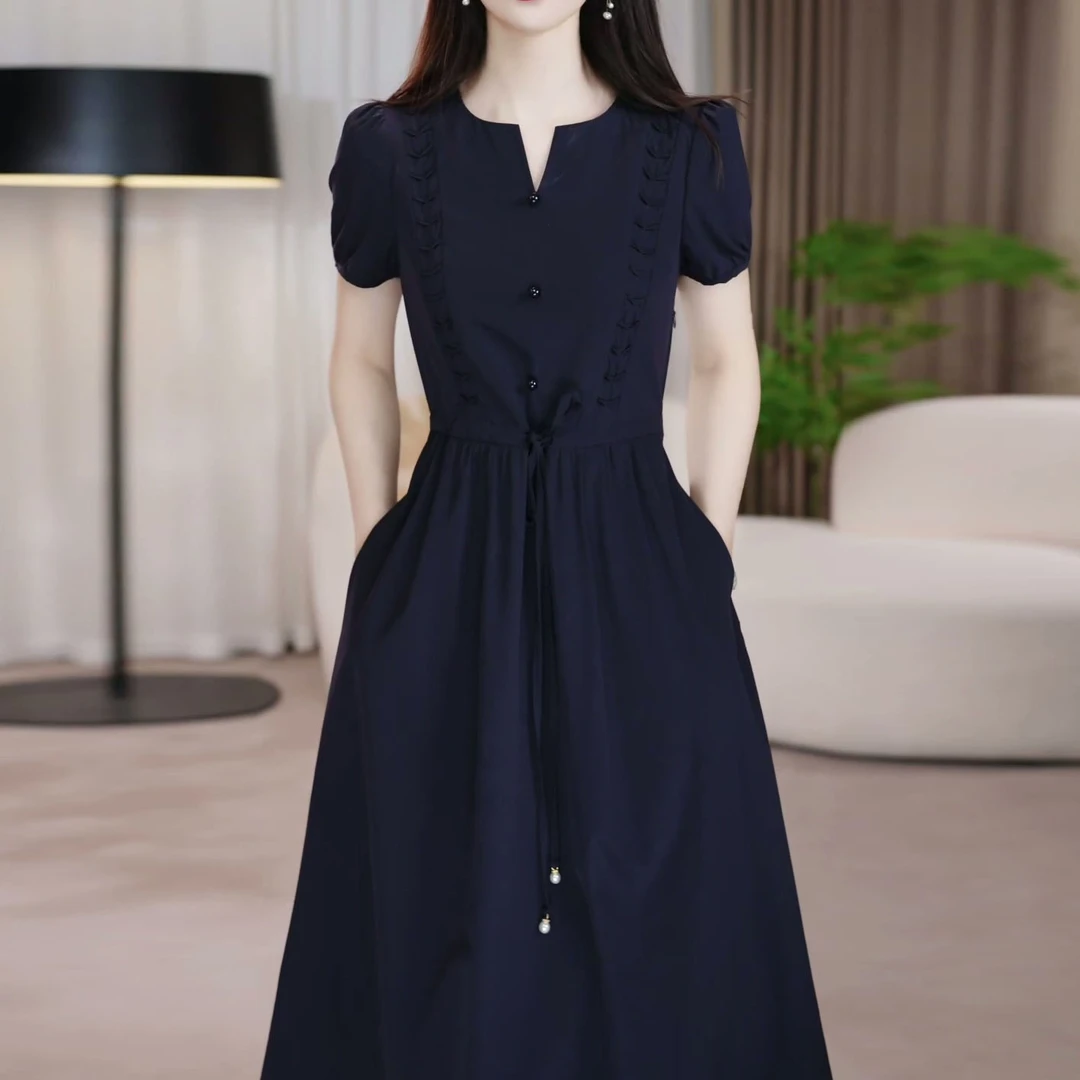 冰丝显瘦裙子2025夏季新款显瘦收腰短袖赫本风抽绳优雅气质连衣裙