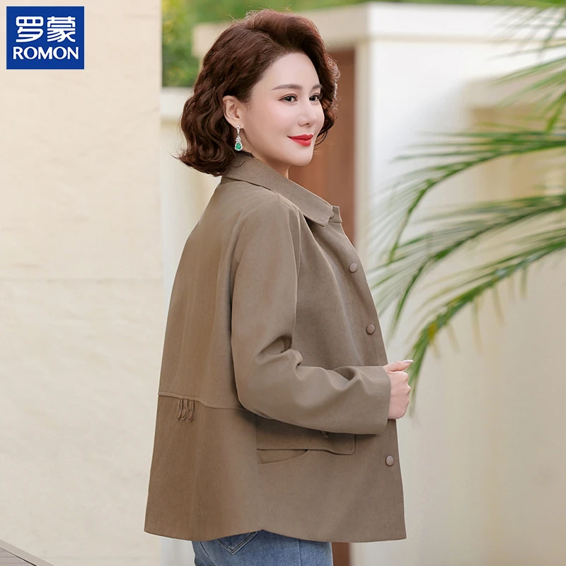 罗蒙妈妈秋装气质纯色外套2025新款休闲百搭上衣中老年女时尚风衣