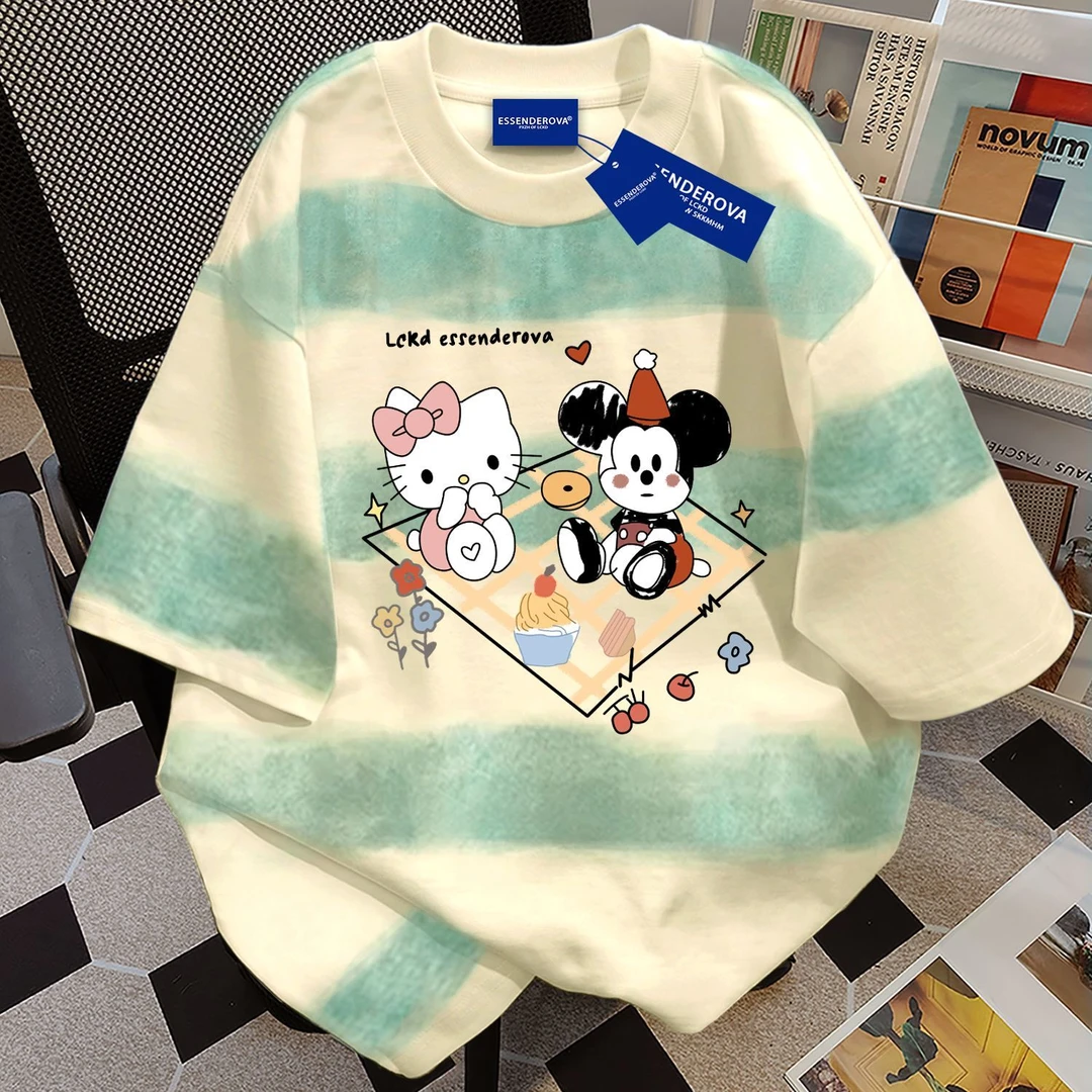 100%纯棉可爱甜美宽松短袖t恤男女夏季扎染渐变条纹圆领情侣上衣