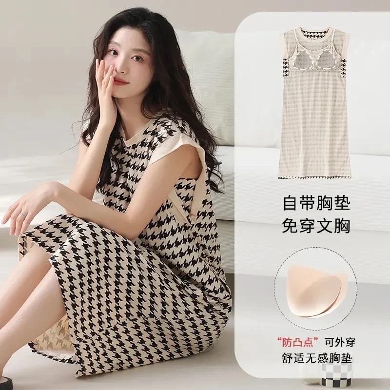 带胸垫条纹千鸟格简约棉质睡衣2025新款夏天高级女士薄款短袖睡裙
