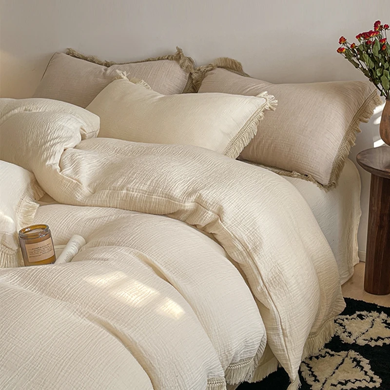 A类复古双层纱丨四件套纯棉全棉超柔软简约纯色公主风流苏边床品