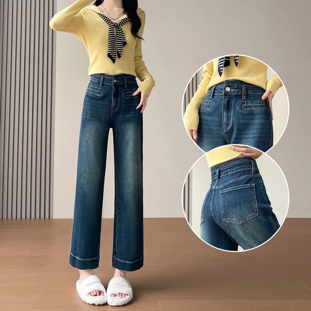 复古弹力烟管牛仔裤女2025秋季新款显瘦宽松遮肉小个子九分直筒裤