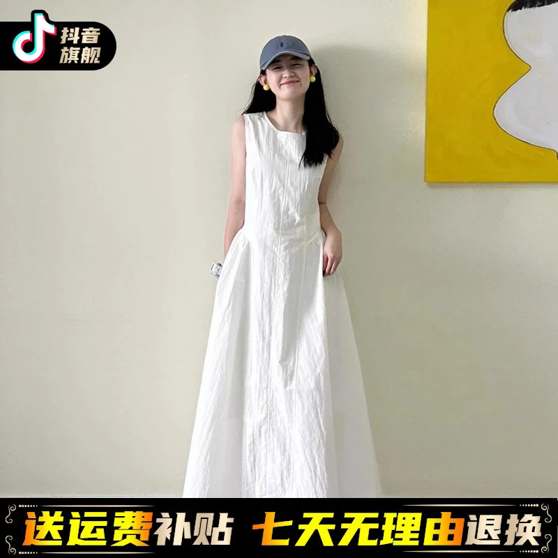 2025新款法式无袖背心白色连衣裙子女夏季高级感气质独特收腰长裙