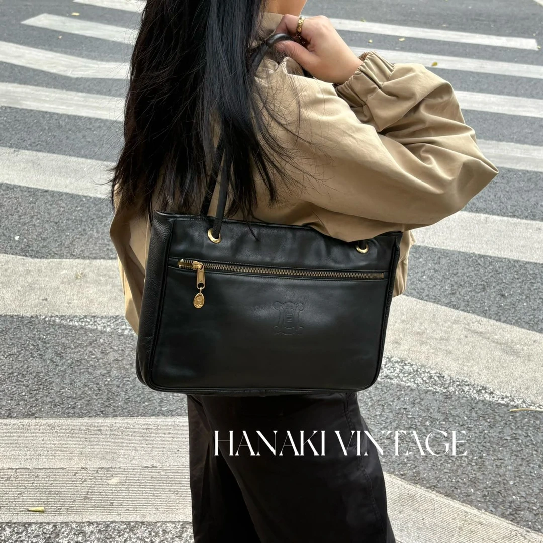 95新 Celine/思琳 花绮中古/Celine黑金横板托特单肩包