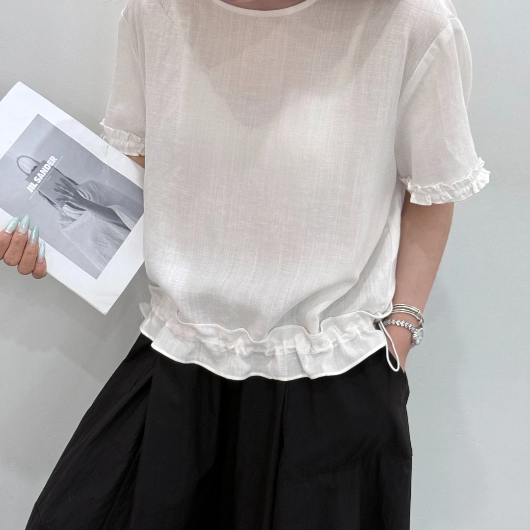 ZOZO-9713-879夏季新款女荷叶边亚麻短袖T恤