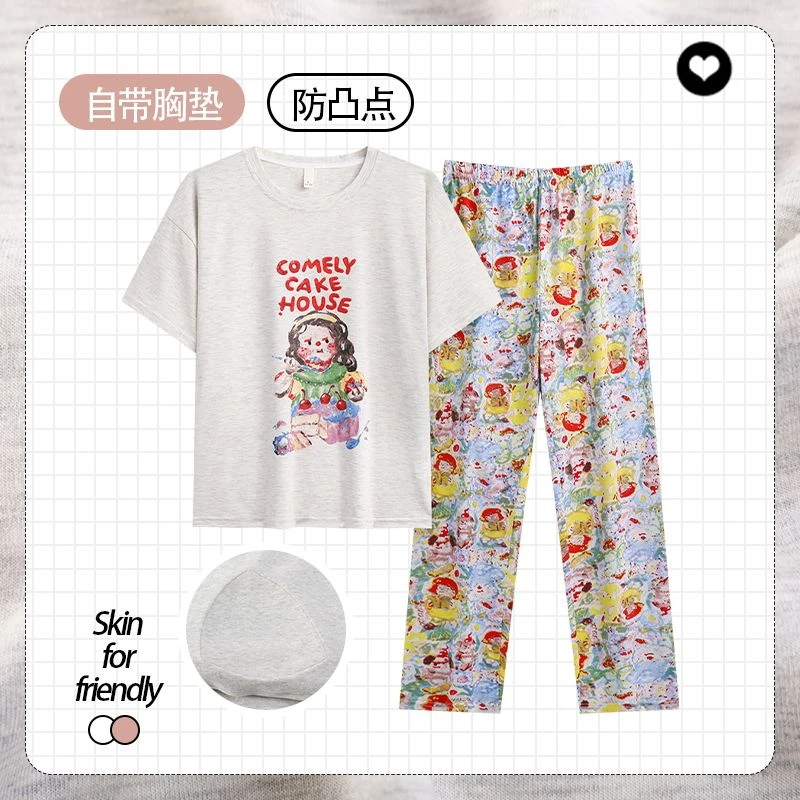 带胸垫睡衣夏天女新款 漫画女孩短袖长裤卡通套装女家居服可外穿