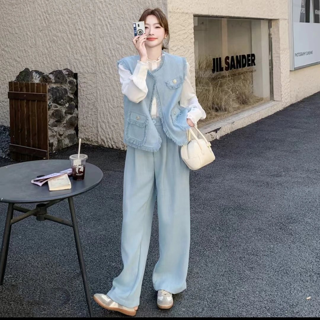 1808-2025年春季新款洋气显瘦香风马甲+喇叭袖衬衫+裤子三件套