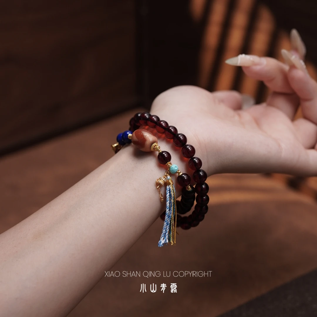 【FG2261】血珀双圈设计款手串 S925银镀金镶嵌 长度37cm 珠子8-9mm