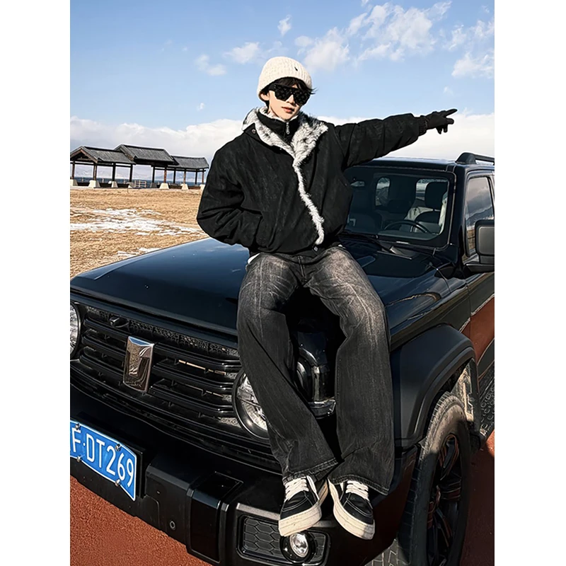 狼王座山雕假两件棉服男冬季痞帅高级感皮毛一体双层毛领夹克外套