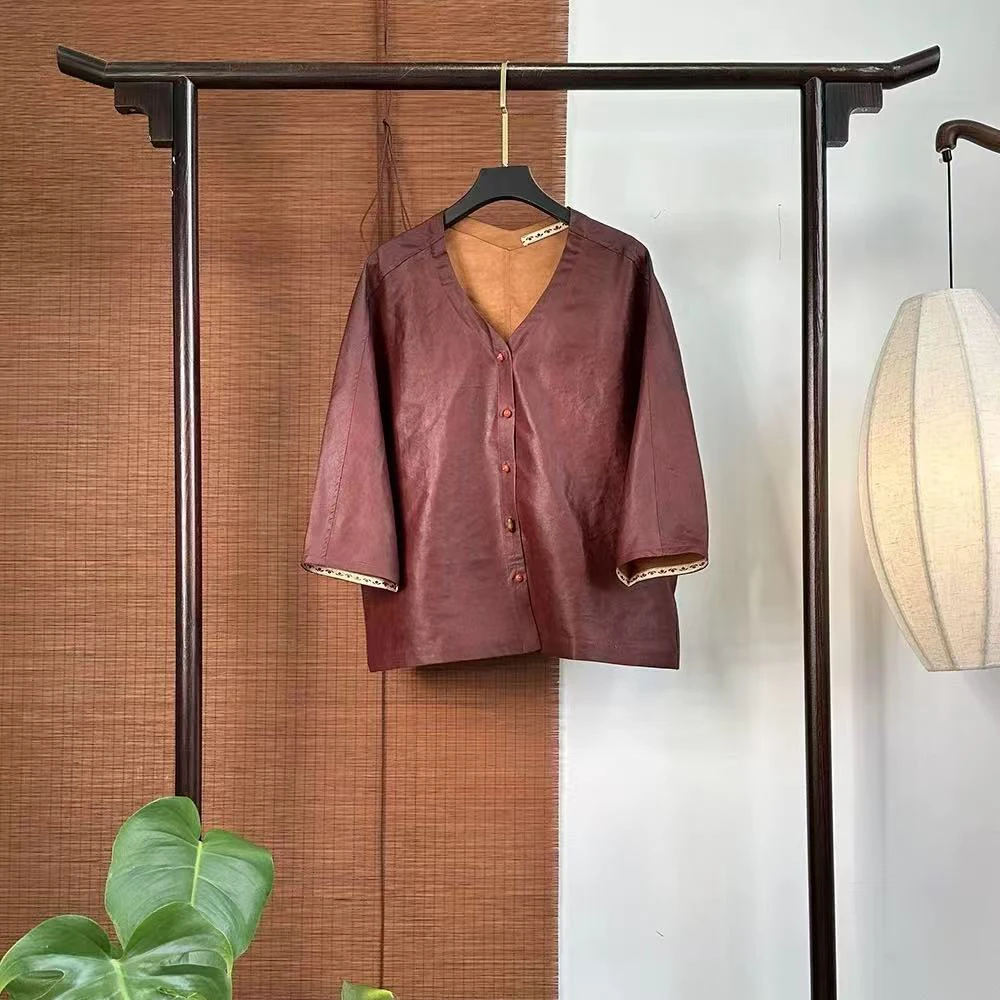 新款百分百桑蚕丝红油皮老料双面织带开衫外套JX8979