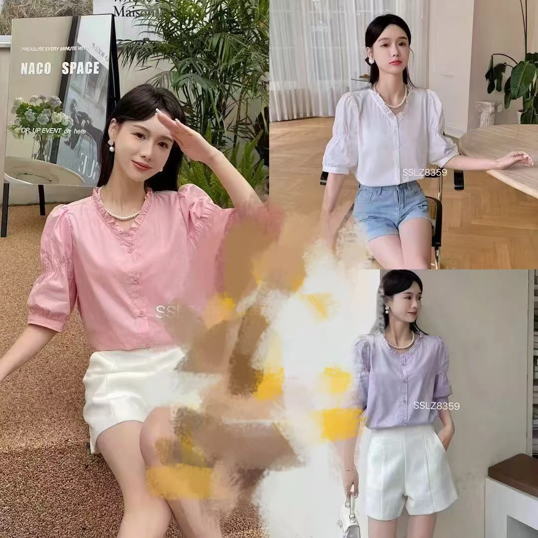 美美推荐8359 法式白色v领短袖衬衫女夏季半袖衬衣泡泡袖上衣