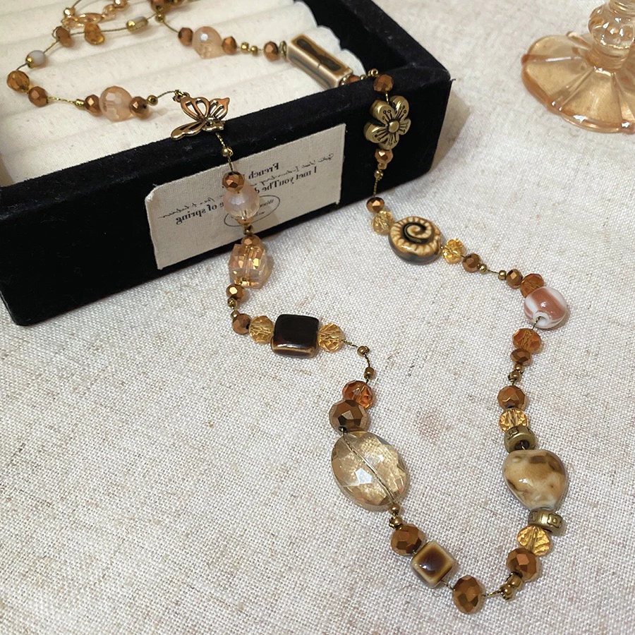 铜项链 精品/秋冬新款咖色陶瓷几何项链高级感长款毛衣链复古女