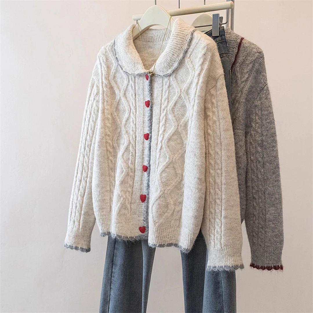 宽松慵懒风翻领麻花针织开衫女秋冬大码胖MM显瘦遮肚百搭软糯毛衣