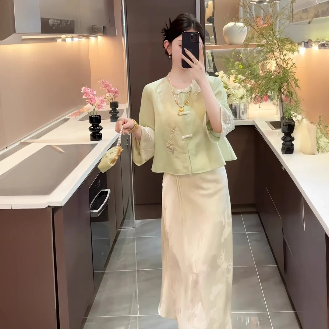 新中式夏季套装女国风两件套气质开衫外套夏季复古英伦风西装外套