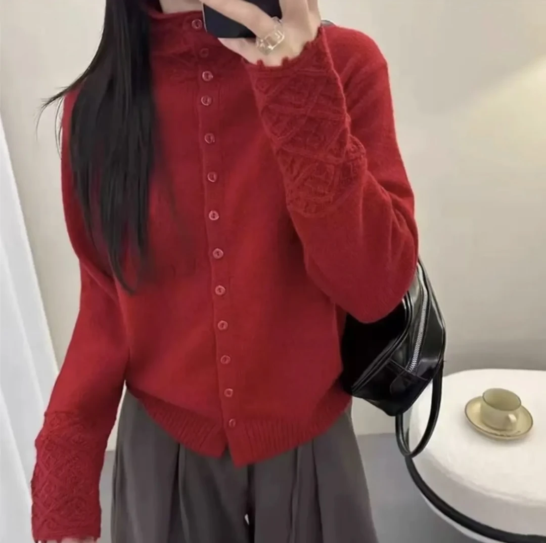 重工钩花设计款~2025秋冬新款奶呼呼半高领长袖羊毛针织开衫上衣
