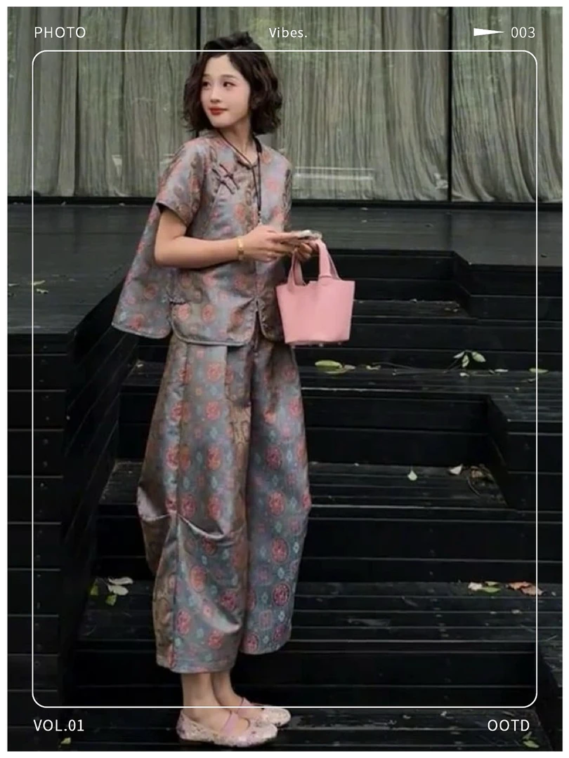 欧洲站2025夏季新款新中式国风显瘦圆领上衣高腰休闲阔腿裤两件套