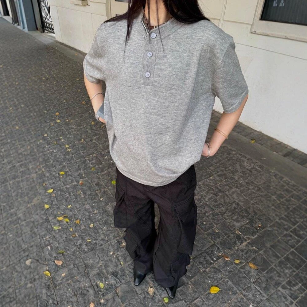 浅灰色老钱风亨利领T恤男夏季松弛感针织短袖复古美式情侣五分袖