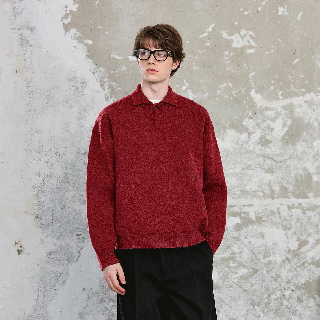 Lilbetter红色翻领毛衣简约宽松高密厚实针织衫安可拉红春秋