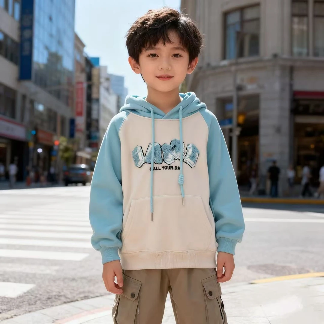 3244蓝色拼袖连帽卫衣男女春秋加厚大童（gyd）