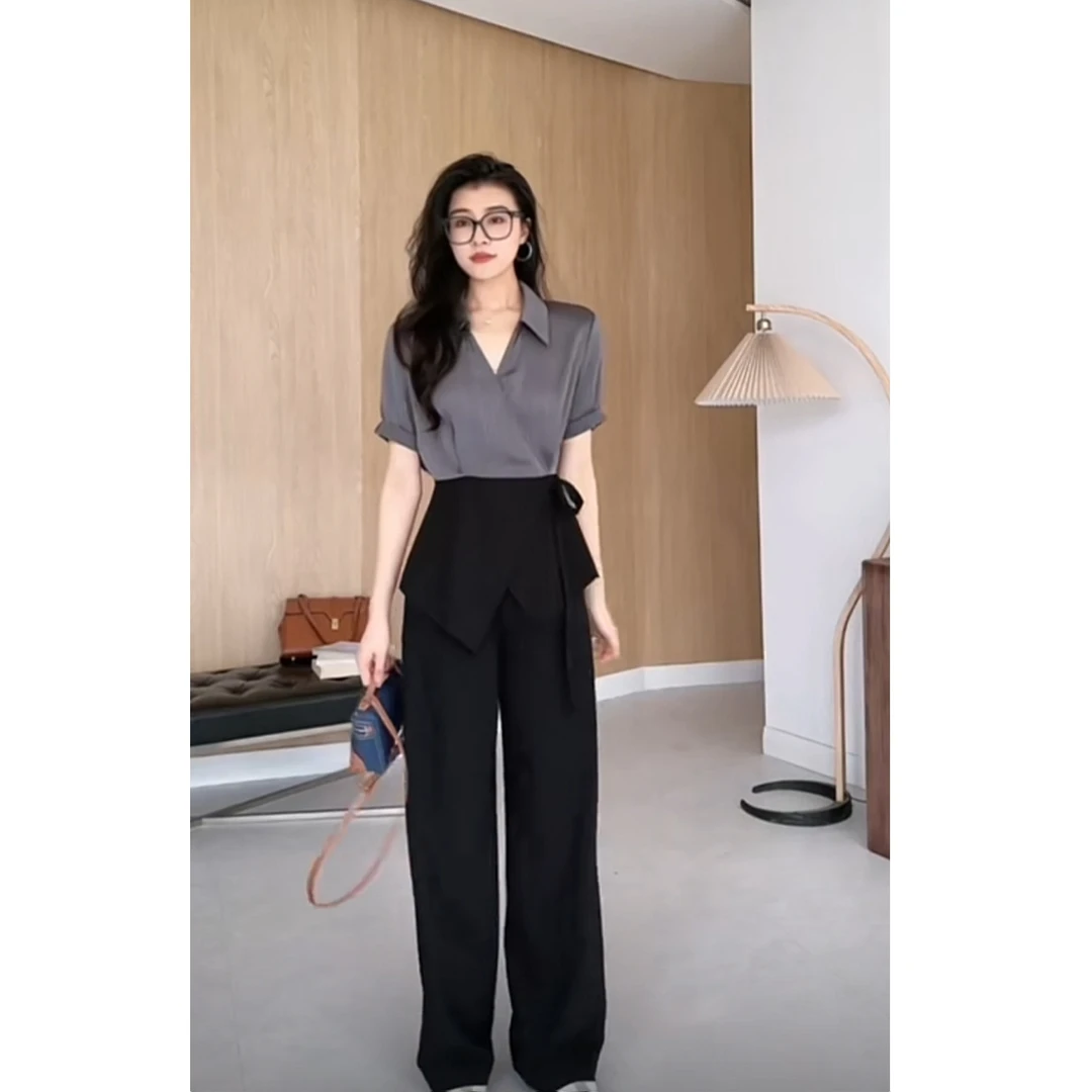 大码时尚T恤短袖套装女韩版胖mm灰色拼接上衣衬衫领阔腿裤两件套