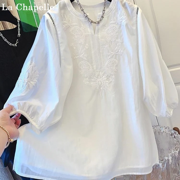 拉夏贝尔轻奢风重工法式刺绣泡泡袖衬衫夏装宽松时尚遮肚子上衣女