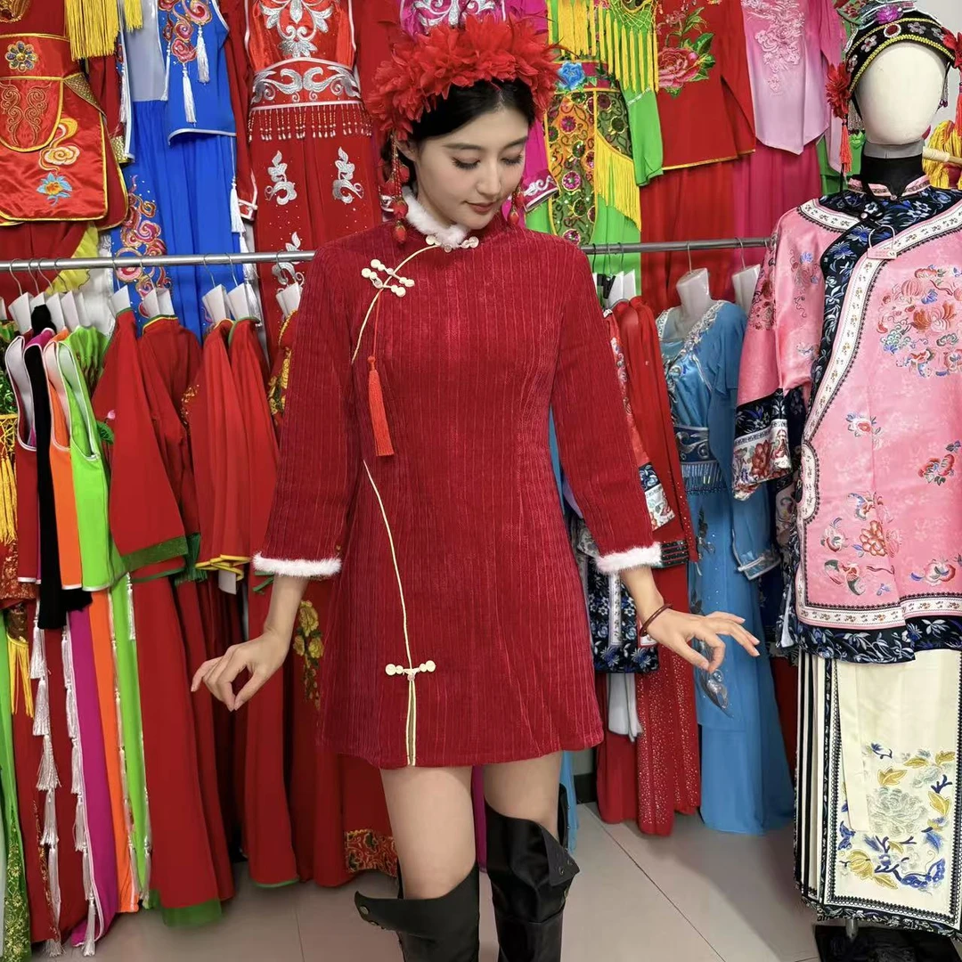 红色旗袍裙喜庆连衣裙加绒加厚冬款拜年服