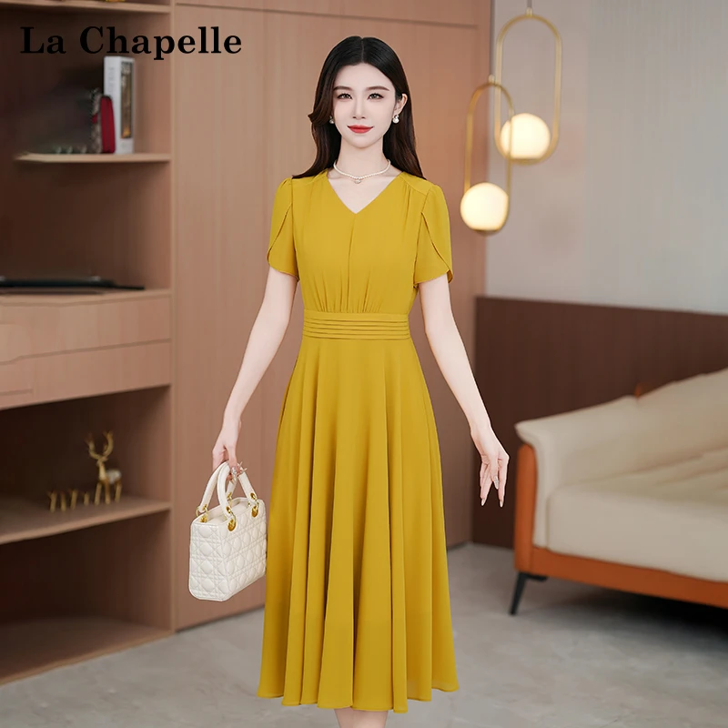 【拉夏贝尔】夏季法式设计感显瘦松紧腰短袖连衣裙