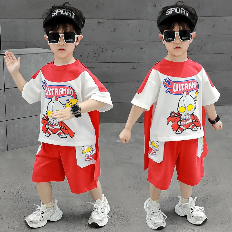 男童奥特曼夏装儿童短袖套装2025夏季新款帅气小男孩带披风薄夏装