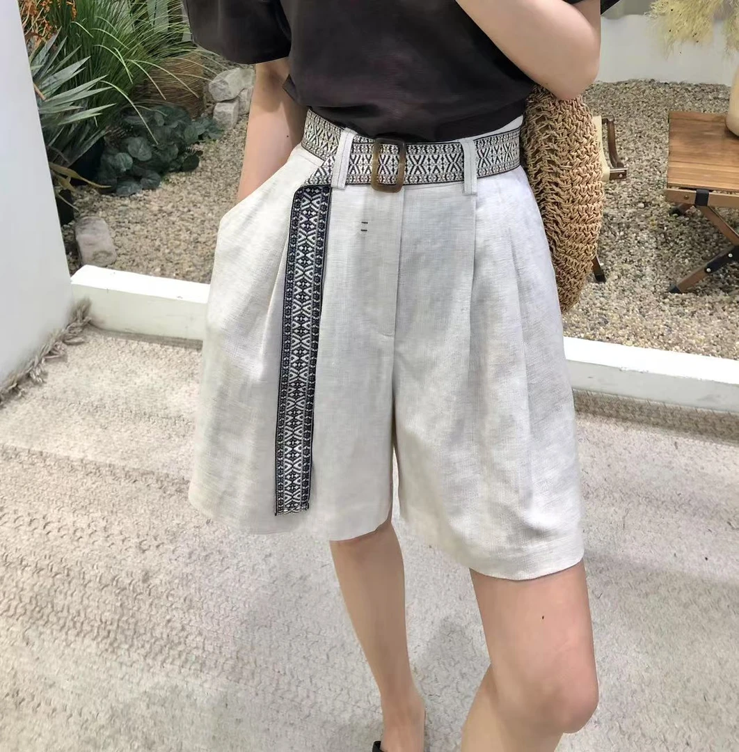 森系复古织花腰带高腰苎麻休闲短裤女2025夏季百搭显瘦五分裤子