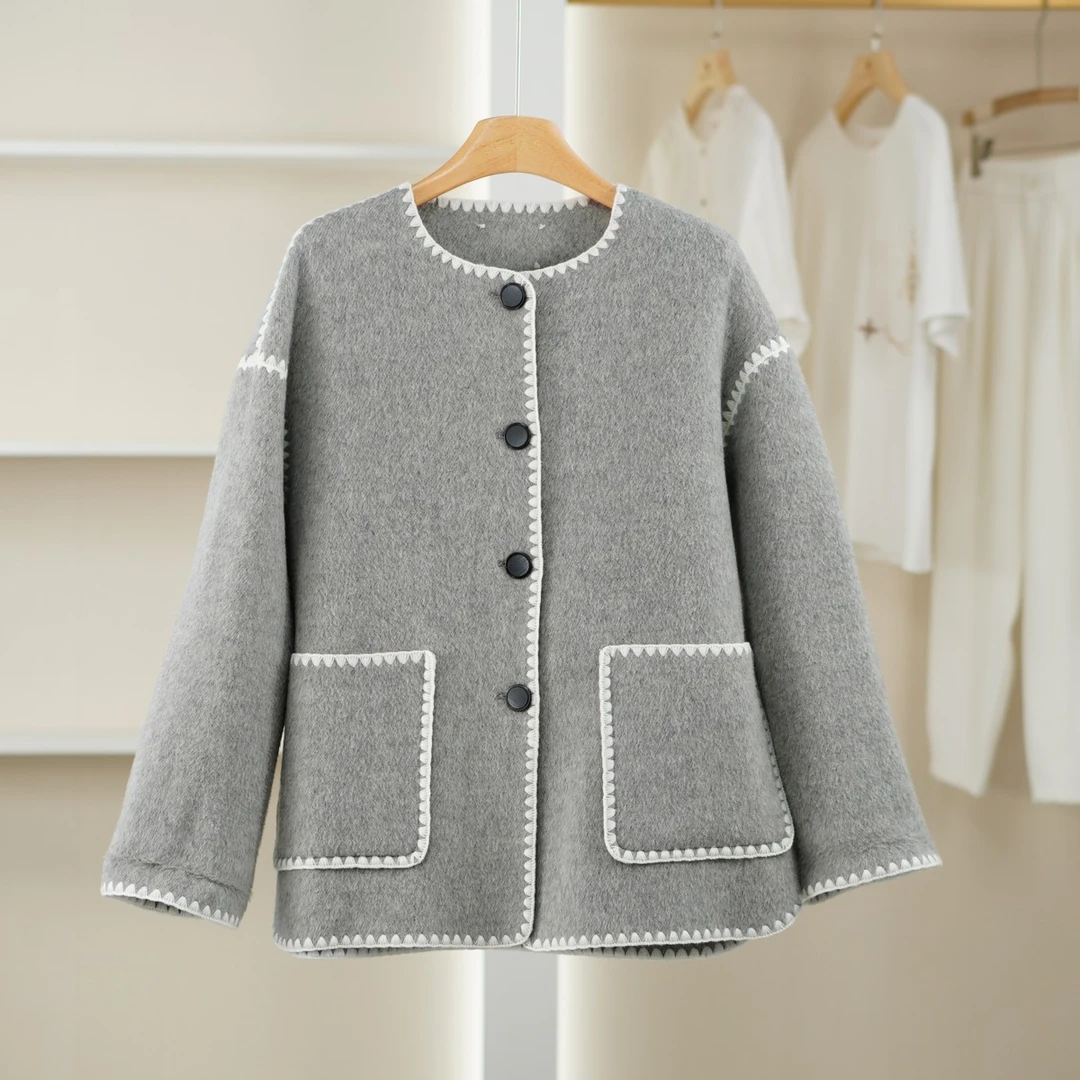 【麦笛09】50604355韩系撞色短款毛呢大衣秋冬专柜撤柜女