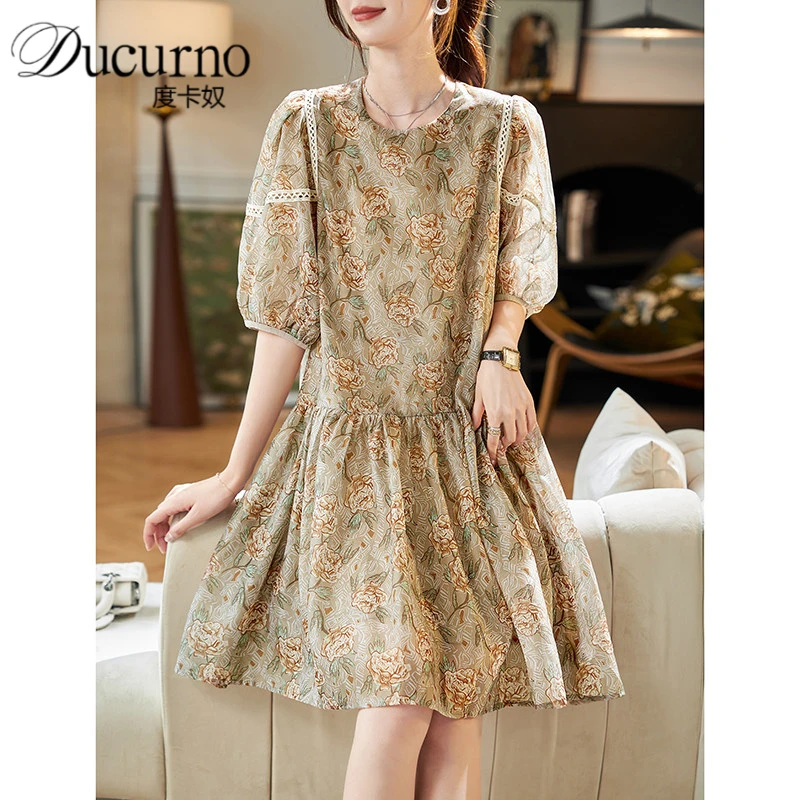 泡泡袖印花连衣裙女2025年夏季新款气质蕾丝拼接洋气中长雪纺裙