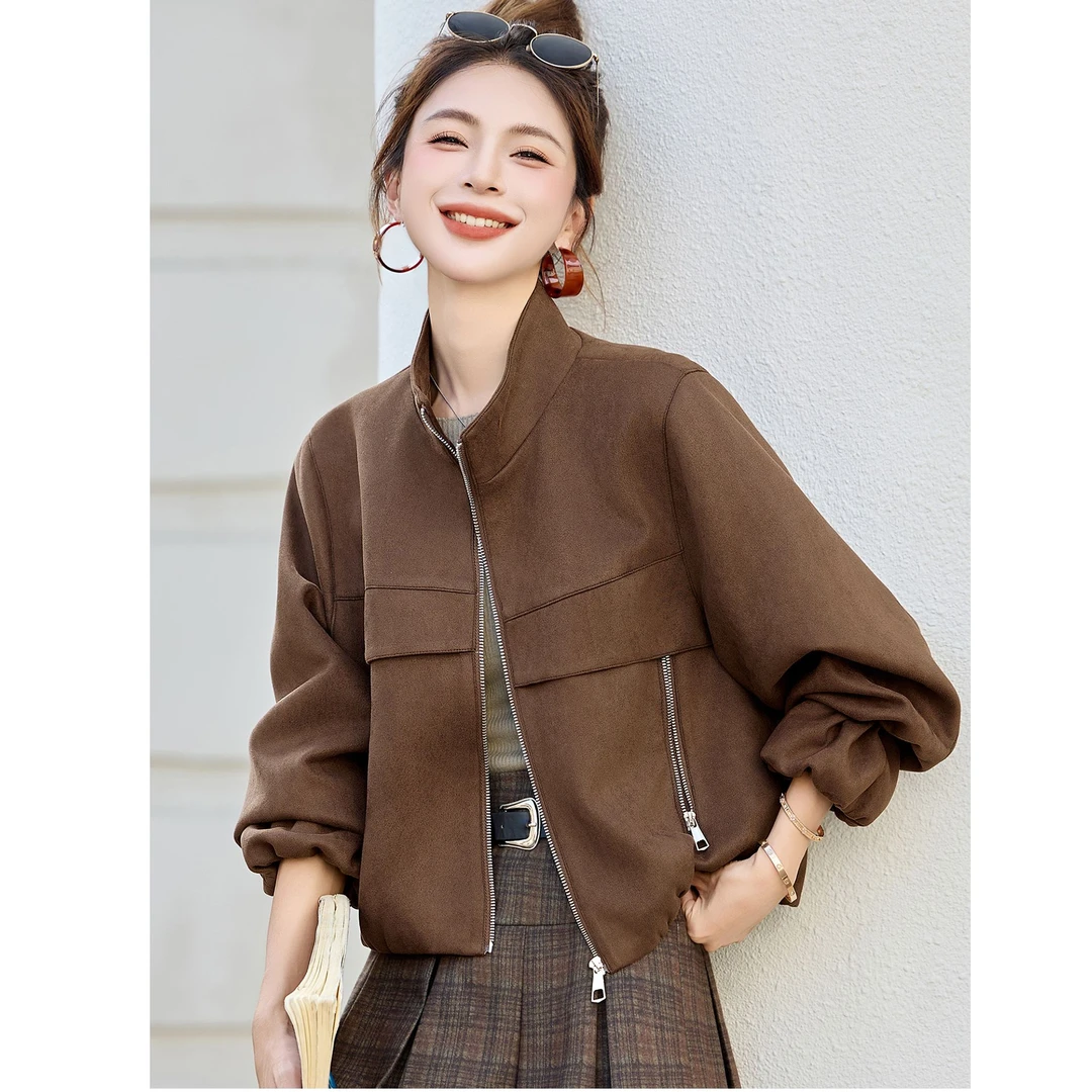 霍文萨列立领外套女早秋短款宽松时尚气质百搭休闲机车服夹克上衣