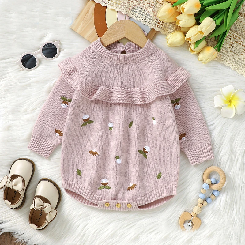 粉色公主女宝宝针织包屁哈衣婴儿毛衣春秋冬短款连体衣洋气爬爬服