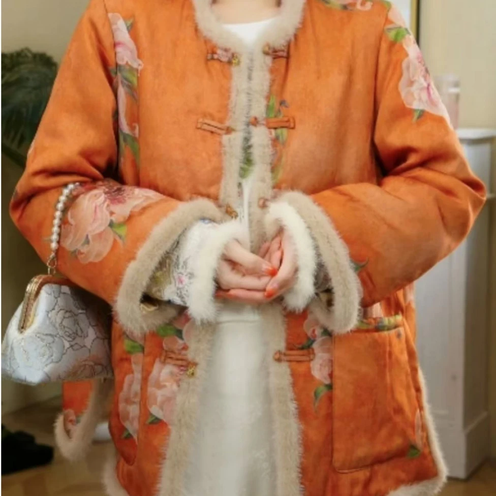 【橙云染彩】冬季毛领丝棉服新中式重工刺绣上衣2024d3876橙色开开