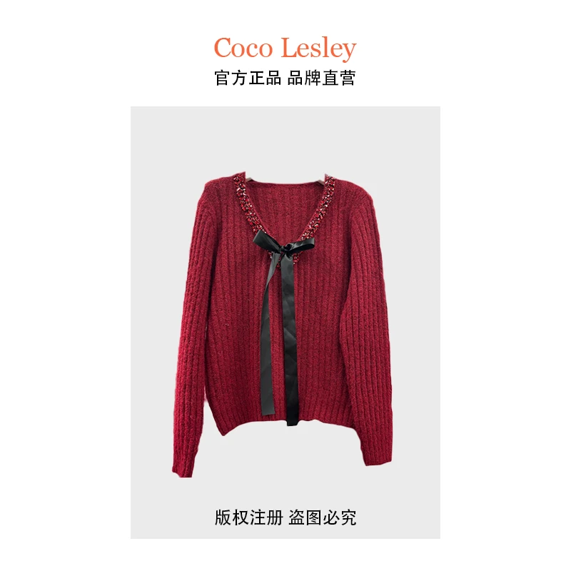 M蝴蝶结拼接长袖套头针织衫12014