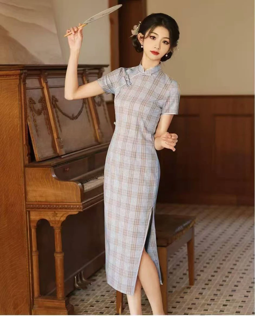 蓝紫格子-改良旗袍