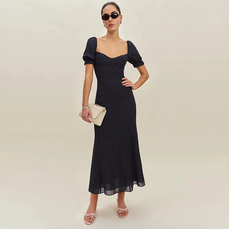 女士外贸Ref深蓝色波点印花后背打揽收腰人丝垂感气质方领连衣裙