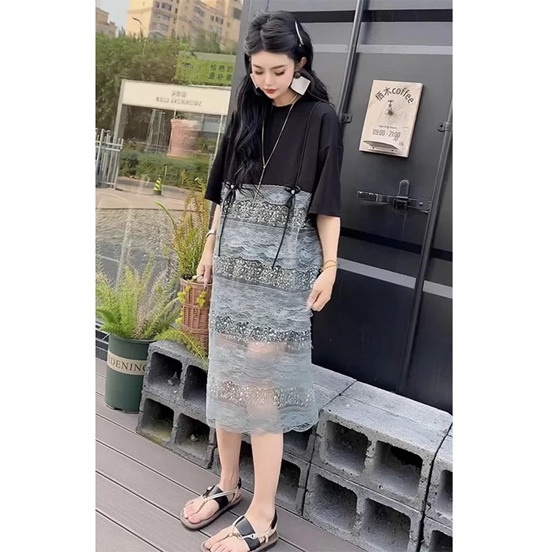 设计款小众拼接圆领连衣裙2025夏季新款洋气减龄宽松大码中长裙潮