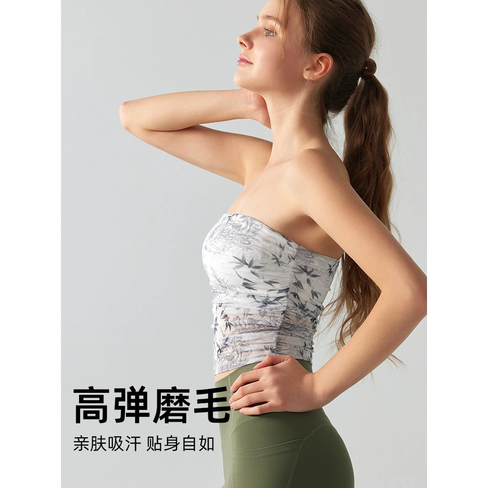 现货瑜伽服女辣妹设计感印花国风抹胸带胸垫免穿文胸运动健身背心