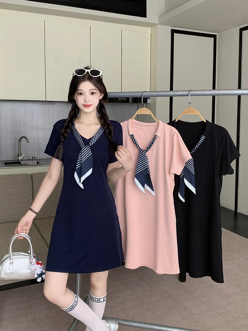 哺乳连衣裙外出夏季大码V领系带丝巾高级感辣妈时尚穿喂奶连衣裙