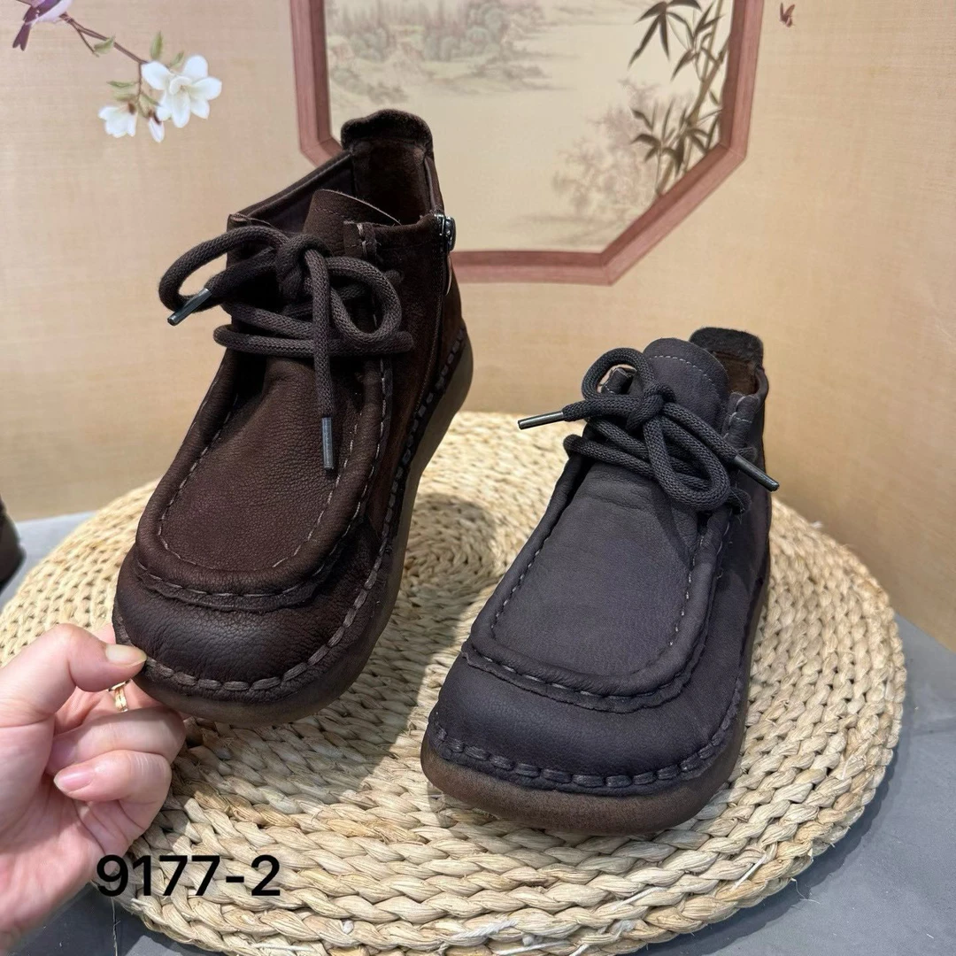 9177-2#秋季新款真皮复古平跟系带女鞋